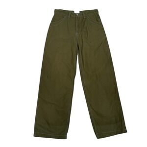 Uncle Fu Wide Leg Work Pants Mens 30 Buckle Back Olive Green Contrast Stitching